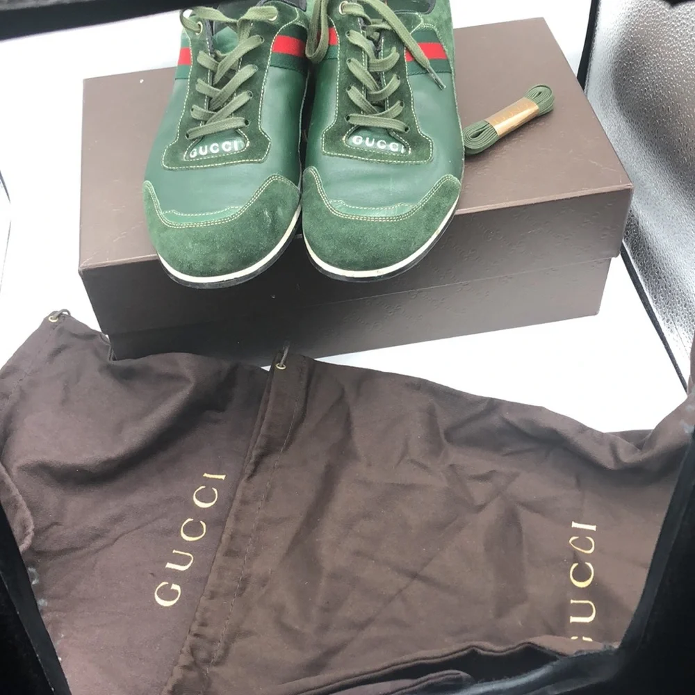 Gucci Green Leather Suede Web Stripe Lace Up Sneakers Mens 7-7.5 Made in Italy